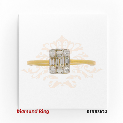 Chic 18kt yellow gold design featuring a unique combination of baguette-cut and round diamonds arranged in a radiant cluster – RJDR3104.