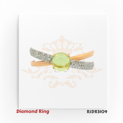 18kt rose gold ring featuring a round green peridot center stone with diamond-accented split shank – RJDR3109