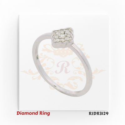 Elegant 18kt white gold ring showcasing a floral cluster of round diamonds set within a graceful quatrefoil frame – RJDR3129.