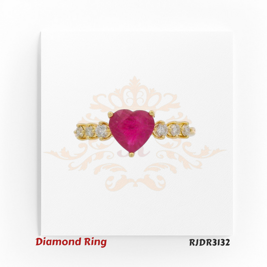 Charming 18kt yellow gold design with a vivid heart-shaped ruby centerpiece, flanked by shimmering diamond accents – RJDR3132.