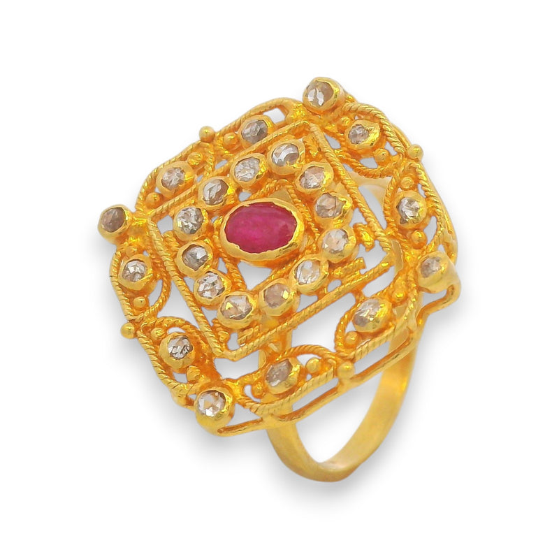 22kt gold square design ladies ring with ruby center and raw uncut diamonds – traditional Indian jewelry RJDR3220