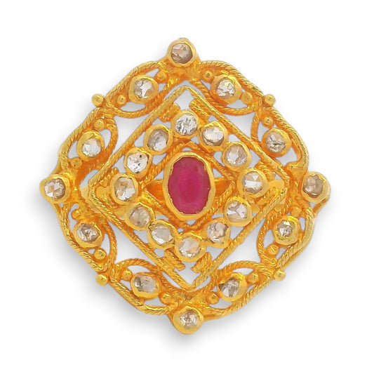 Square shaped 22kt gold ladies ring with ruby centerpiece surrounded by raw uncut diamonds – Indian ethnic jewelry RJDR3220