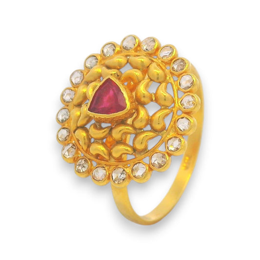 22kt gold ladies diamond ring with red ruby centerpiece and round uncut diamonds in floral design – RJDR3221