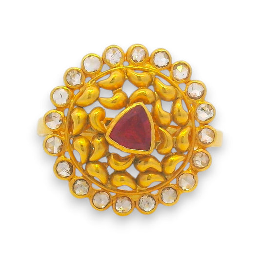 Traditional 22kt gold ring with red ruby triangle stone surrounded by uncut diamonds and gold detailing – RJDR3221