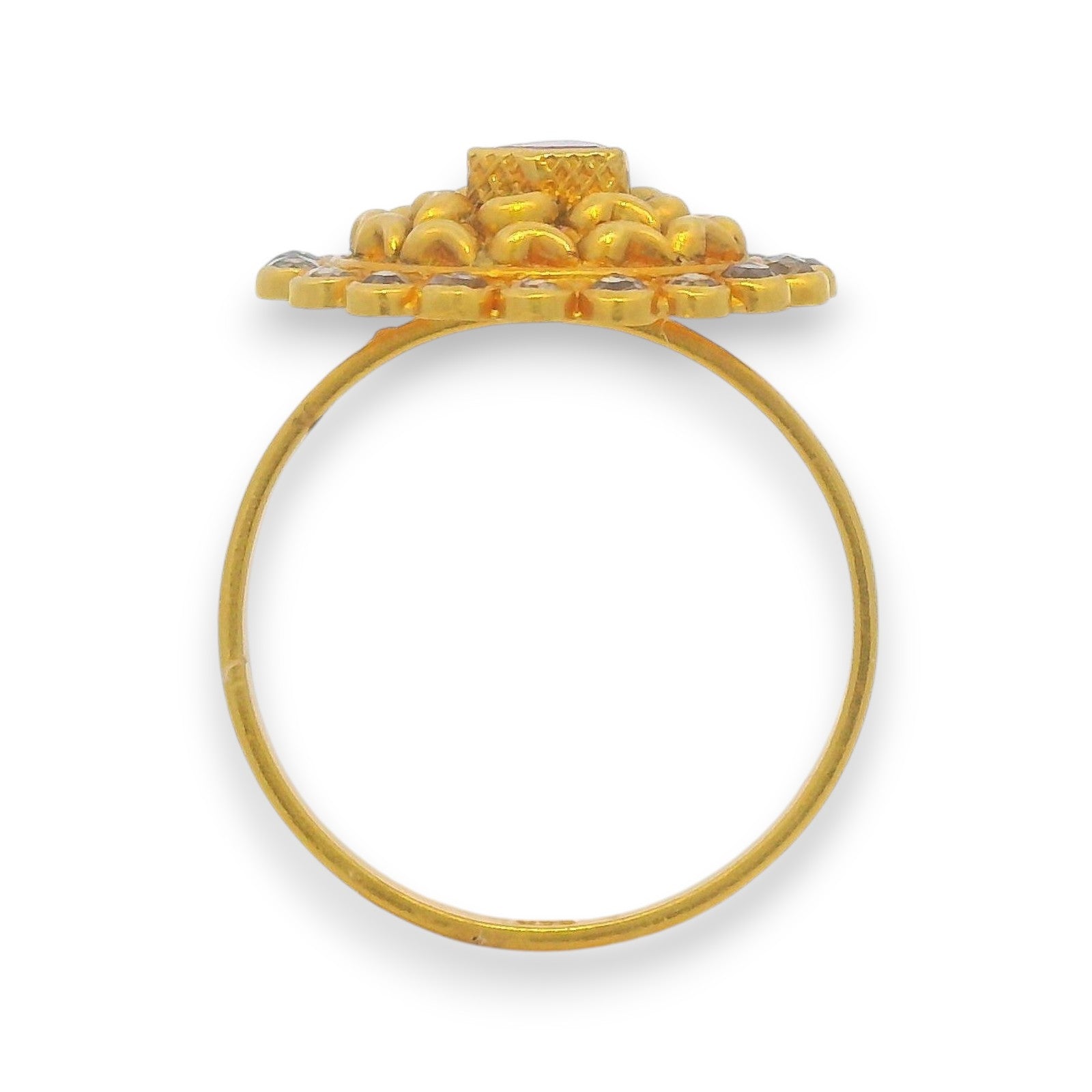 Elegant 22kt gold ruby and diamond ring with raised circular pattern and raw uncut diamonds – RJDR3221