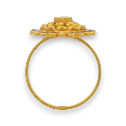 Elegant 22kt gold ruby and diamond ring with raised circular pattern and raw uncut diamonds – RJDR3221