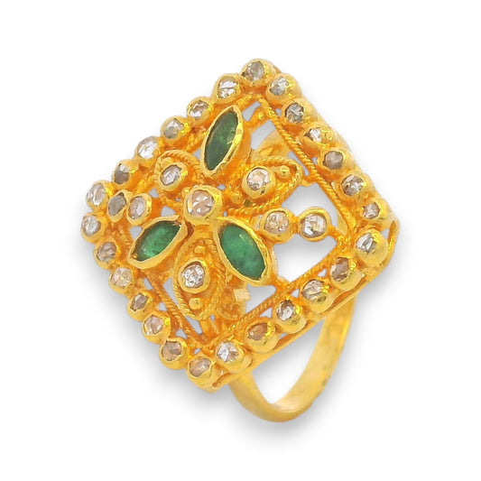 22kt gold diamond ring with floral square design featuring green emerald and polki diamonds – Regal Jewels RJDR3224.