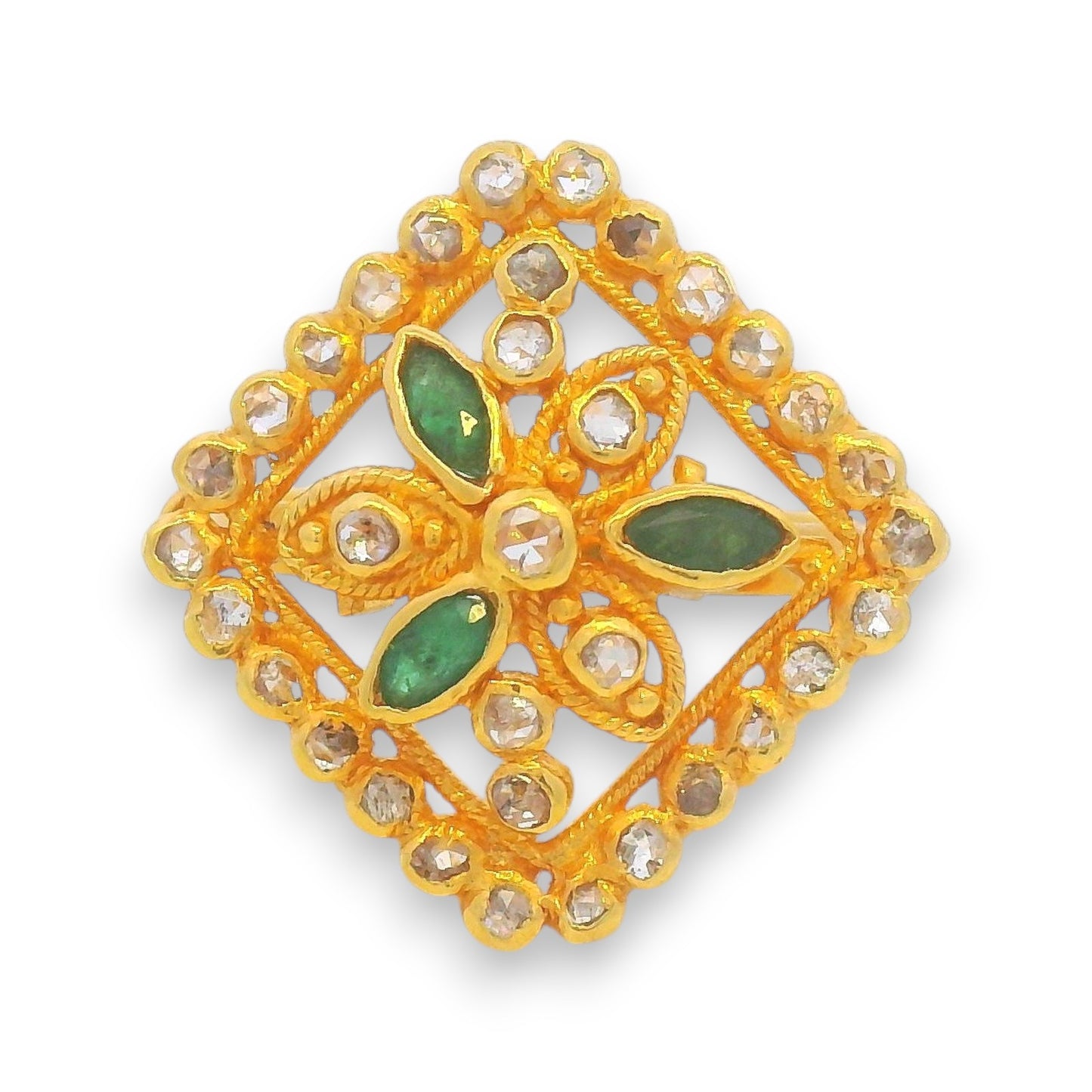 Overhead view of 22kt gold square ring with green emerald center and diamond studded floral pattern – Regal Jewels RJDR3224.