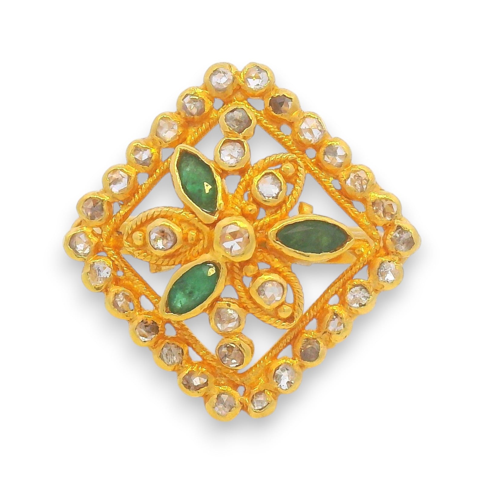 Overhead view of 22kt gold square ring with green emerald center and diamond studded floral pattern – Regal Jewels RJDR3224.