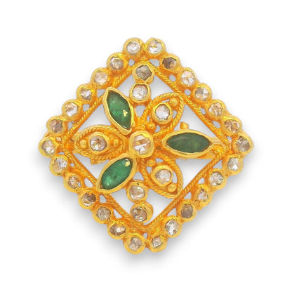 Overhead view of 22kt gold square ring with green emerald center and diamond studded floral pattern – Regal Jewels RJDR3224.