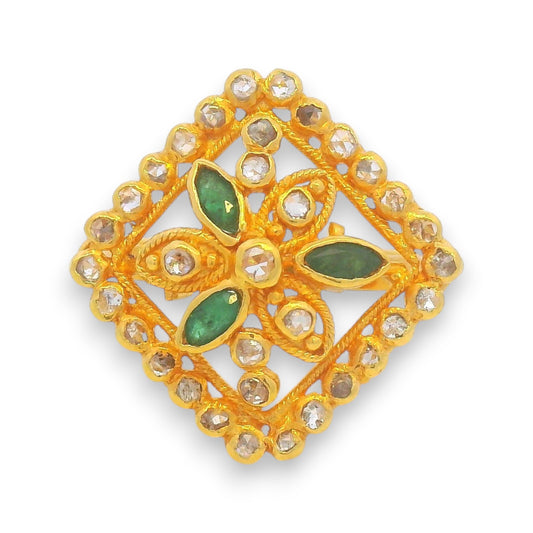 Overhead view of 22kt gold square ring with green emerald center and diamond studded floral pattern – Regal Jewels RJDR3224.