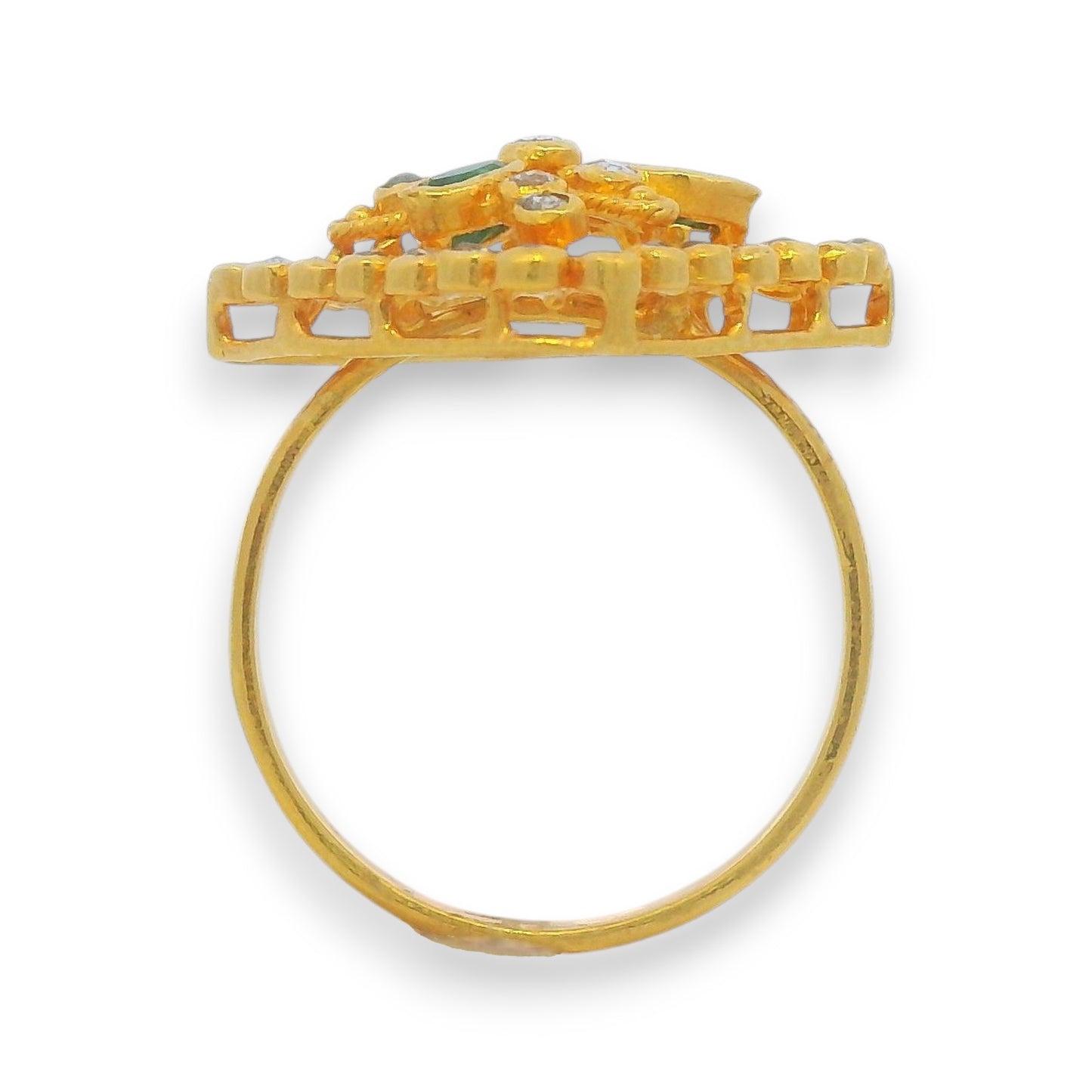 Side profile of 22kt gold emerald diamond ring with intricate square floral setting – Regal Jewels RJDR3224