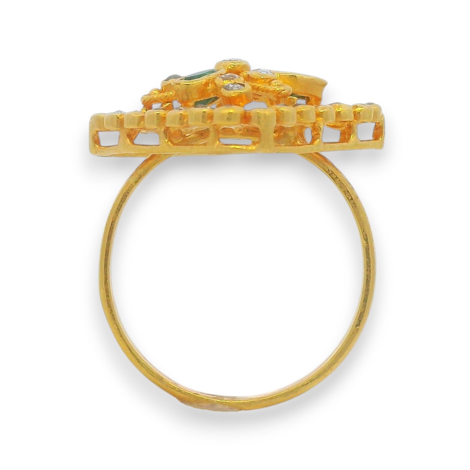 Side profile of 22kt gold emerald diamond ring with intricate square floral setting – Regal Jewels RJDR3224