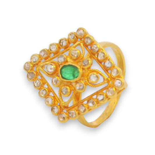 22kt gold diamond ring with emerald center stone and raw uncut diamonds in a square floral design – Regal Jewels model RJDR3230.