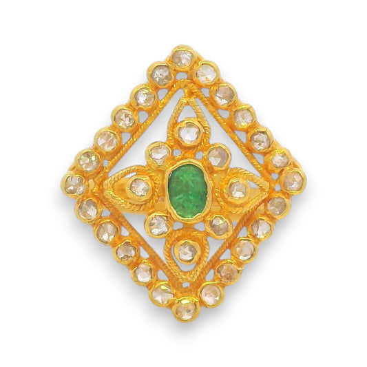 Traditional 22kt gold diamond ring with green emerald center surrounded by uncut diamonds in geometric square design – Regal Jewels model RJDR3230.