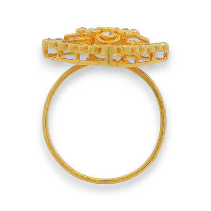 Elegant 22kt gold ladies diamond ring featuring a raised emerald centerpiece with intricate detailing – Regal Jewels model RJDR3230.