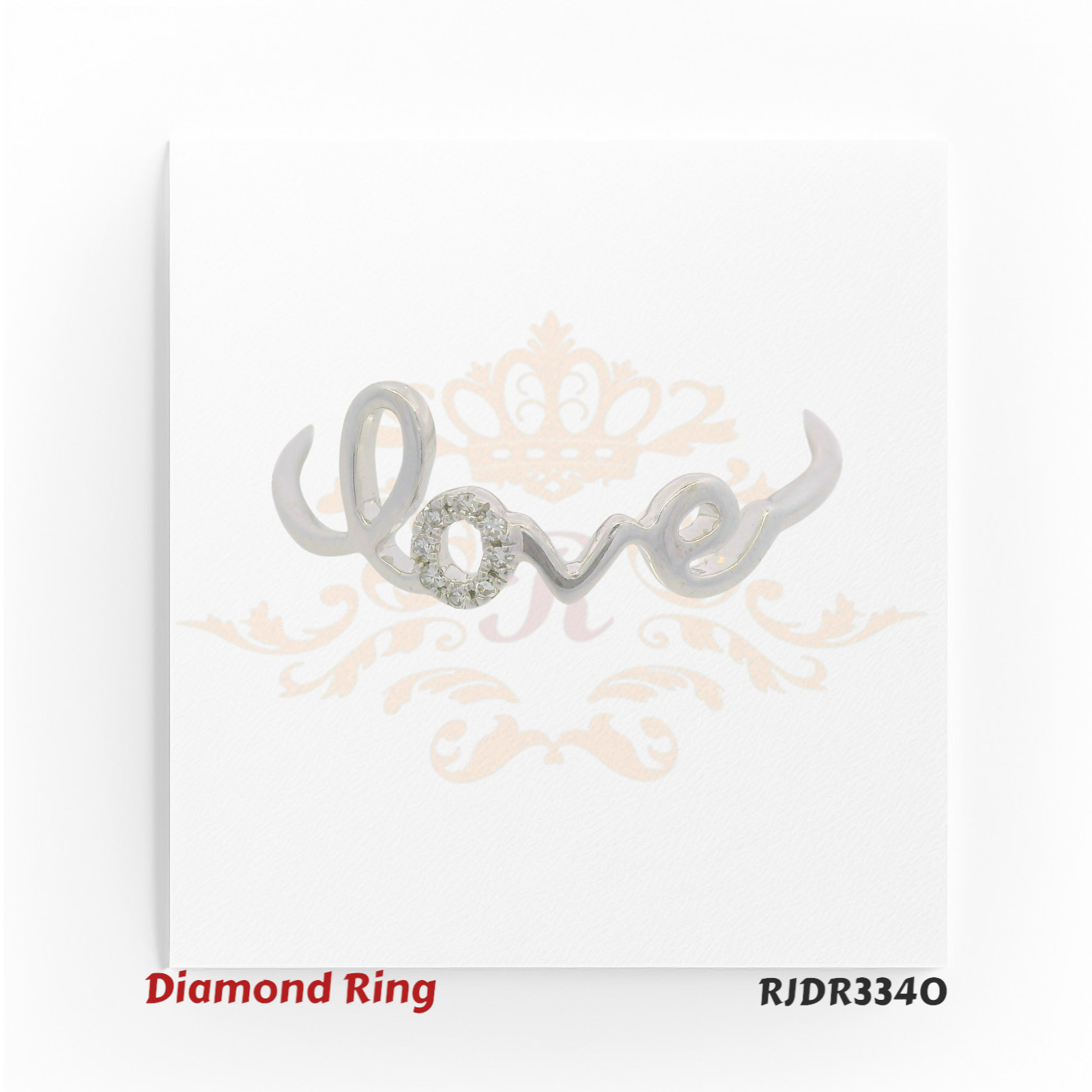 White gold 14kt diamond ring with scripted "love" design and diamond-studded 'O' – RJDR3340