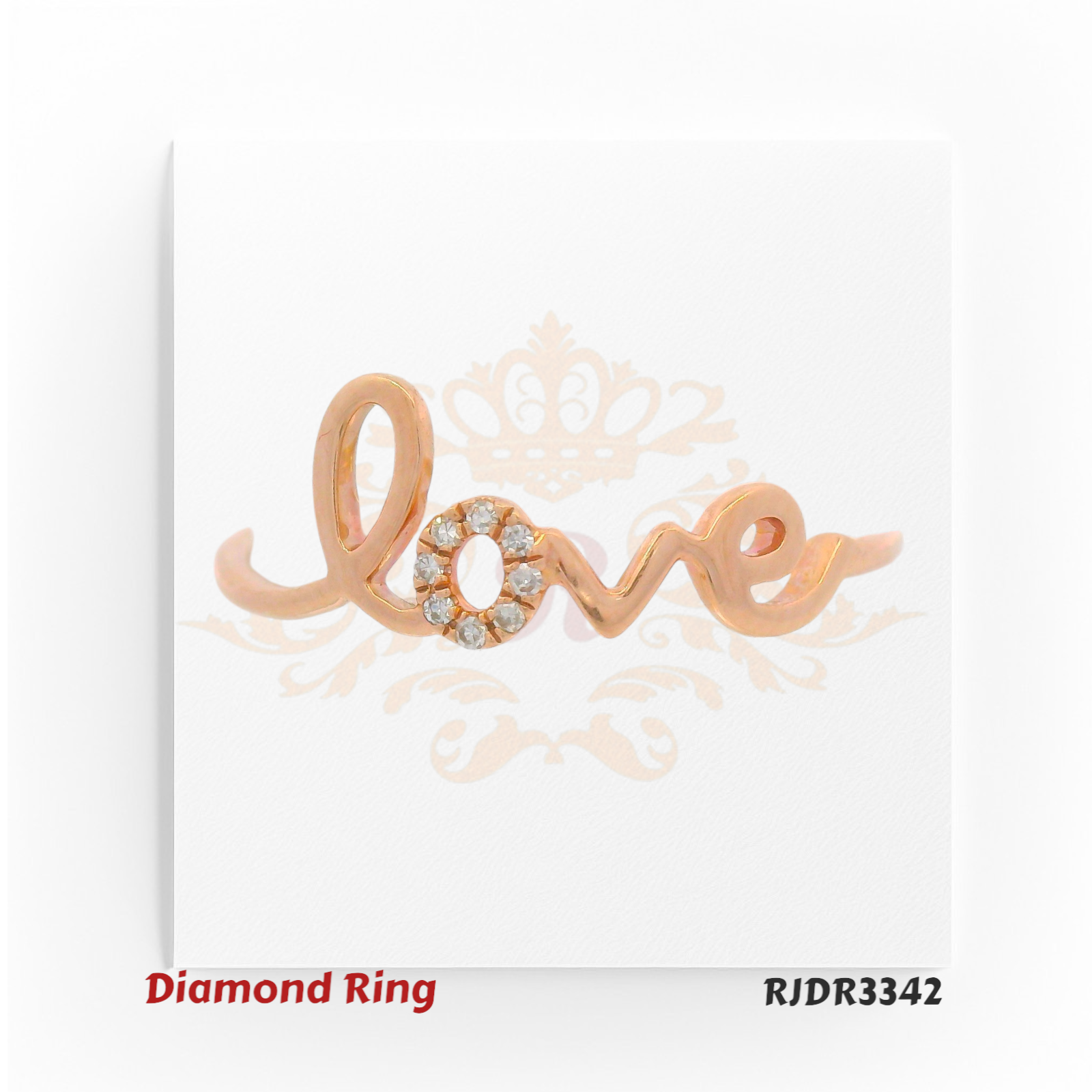 Charming 14kt rose gold ring with the word “love,” featuring a brilliant diamond-encrusted “O” for added sparkle – RJDR3342.