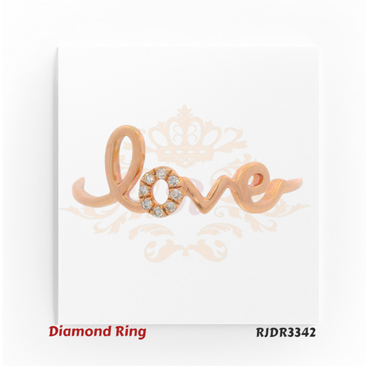 Charming 14kt rose gold ring with the word “love,” featuring a brilliant diamond-encrusted “O” for added sparkle – RJDR3342.