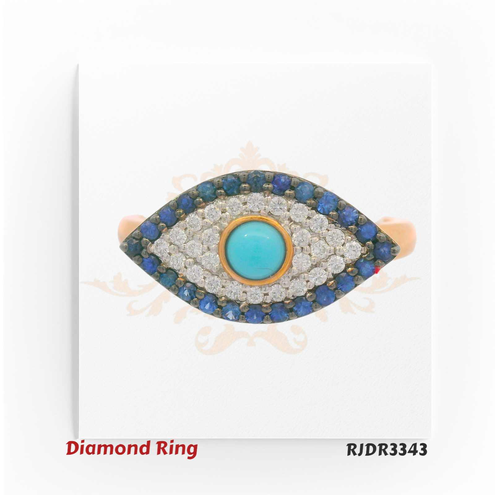 Striking 18kt gold ring in an Evil Eye design, showcasing a turquoise centerpiece framed by glittering diamonds and deep blue sapphires – RJDR3343.
