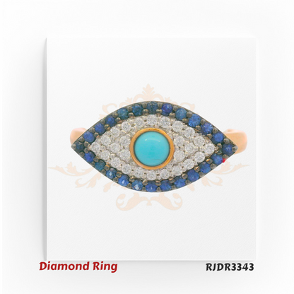 Striking 18kt gold ring in an Evil Eye design, showcasing a turquoise centerpiece framed by glittering diamonds and deep blue sapphires – RJDR3343.