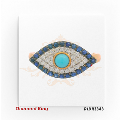 Striking 18kt gold ring in an Evil Eye design, showcasing a turquoise centerpiece framed by glittering diamonds and deep blue sapphires – RJDR3343.