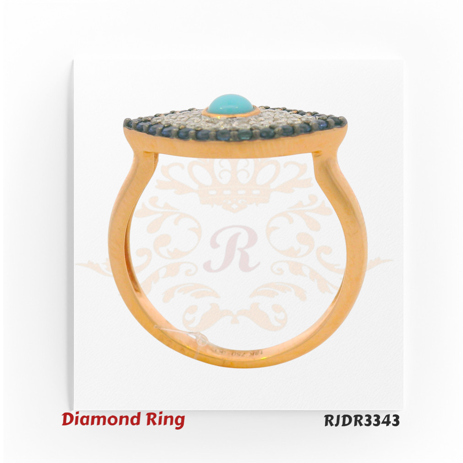 18kt gold evil eye ring featuring turquoise center stone, diamonds, and blue sapphire border – RJDR3343