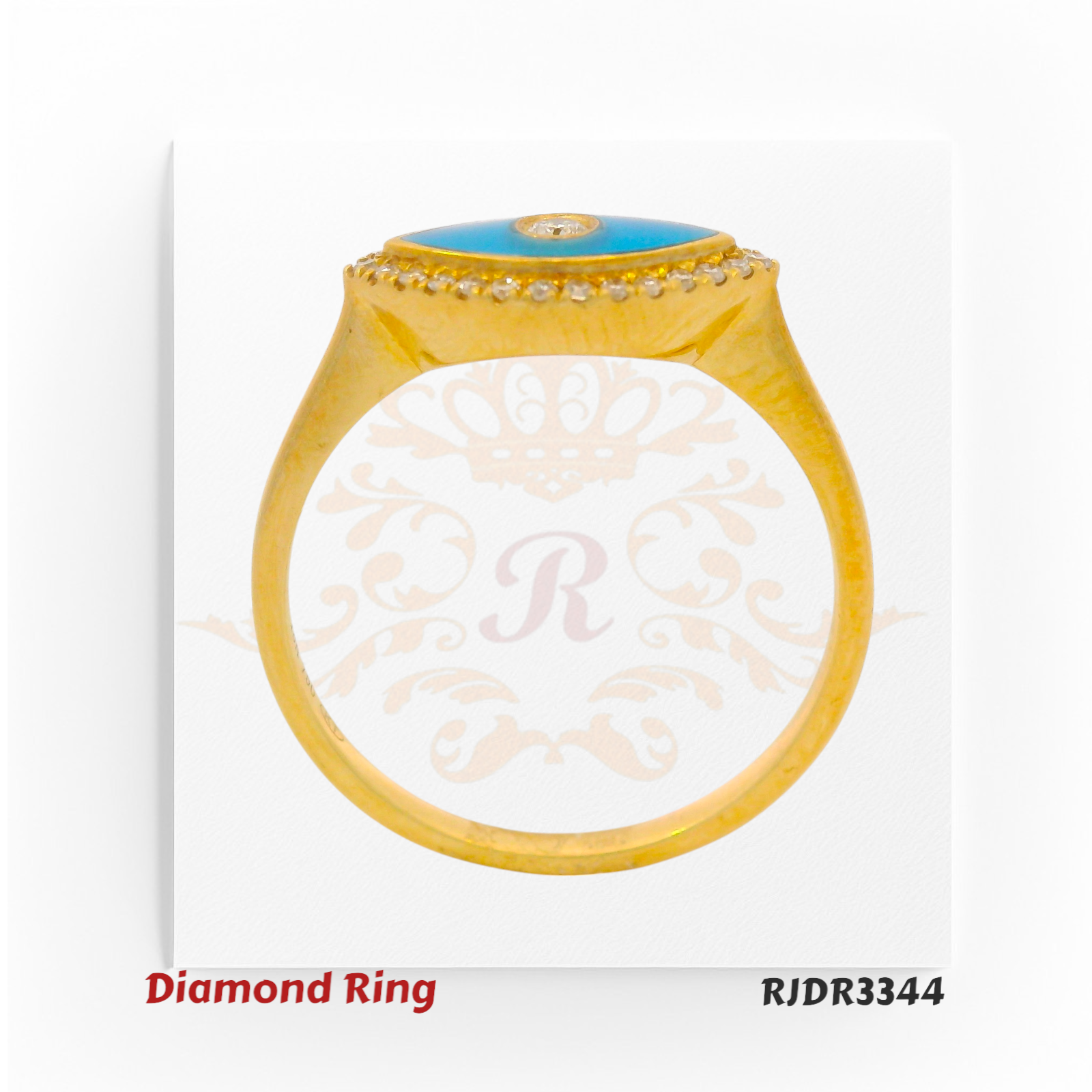 18kt gold evil eye ring featuring a brilliant round diamond and blue enamel – RJDR3344