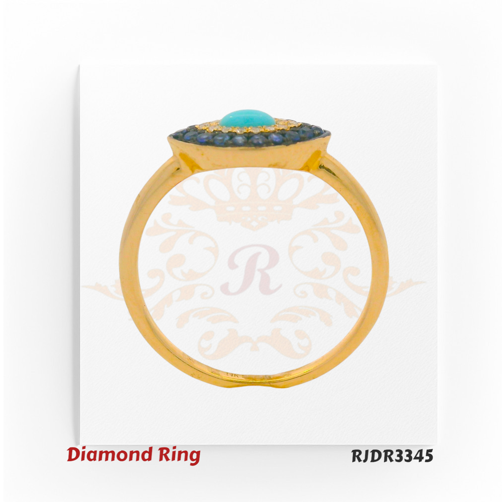 14kt gold Evil Eye ring with a turquoise center, surrounded by a layer of VS diamonds and deep blue sapphires. Product code RJDR3345, weight 1.72 grams, diamond weight 0.04 cts, sapphire 0.16 cts, turquoise 0.06 cts, size 6.75.