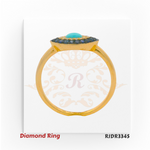 14kt gold Evil Eye ring with a turquoise center, surrounded by a layer of VS diamonds and deep blue sapphires. Product code RJDR3345, weight 1.72 grams, diamond weight 0.04 cts, sapphire 0.16 cts, turquoise 0.06 cts, size 6.75.