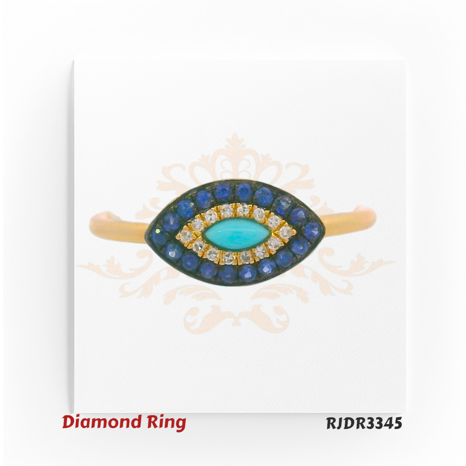 Striking 14kt gold ring in an Evil Eye design, showcasing a turquoise centerpiece framed by sparkling VS diamonds and deep blue sapphires. Total weight 1.72 grams, diamond weight 0.04 cts, sapphire 0.16 cts, turquoise 0.06 cts, size 6.75 – RJDR3345.