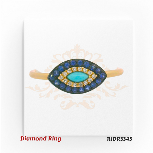 Striking 14kt gold ring in an Evil Eye design, showcasing a turquoise centerpiece framed by sparkling VS diamonds and deep blue sapphires. Total weight 1.72 grams, diamond weight 0.04 cts, sapphire 0.16 cts, turquoise 0.06 cts, size 6.75 – RJDR3345.