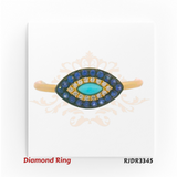 14kt gold Evil Eye ring with a turquoise center, surrounded by a layer of VS diamonds and deep blue sapphires. Product code RJDR3345, weight 1.72 grams, diamond weight 0.04 cts, sapphire 0.16 cts, turquoise 0.06 cts, size 6.75.