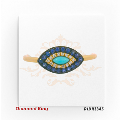 14kt gold Evil Eye ring with a turquoise center, surrounded by a layer of VS diamonds and deep blue sapphires. Product code RJDR3345, weight 1.72 grams, diamond weight 0.04 cts, sapphire 0.16 cts, turquoise 0.06 cts, size 6.75.