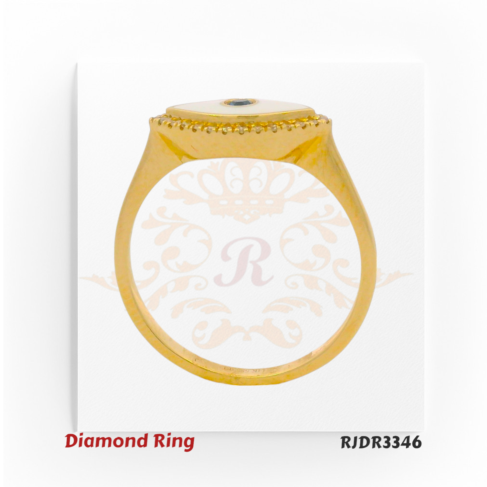 14kt gold Evil Eye ring with white enamel, featuring a central blue sapphire and surrounded by a halo of diamonds. Product code RJDR3346, weight 2.21 grams, diamonds 0.07 cts, sapphire 0.04 cts, size 6.75.