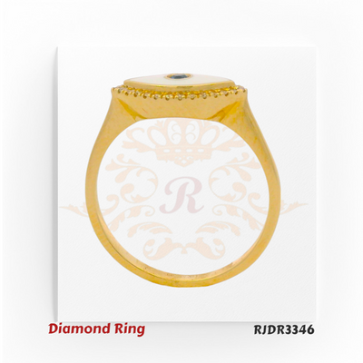 14kt gold Evil Eye ring with white enamel, featuring a central blue sapphire and surrounded by a halo of diamonds. Product code RJDR3346, weight 2.21 grams, diamonds 0.07 cts, sapphire 0.04 cts, size 6.75.