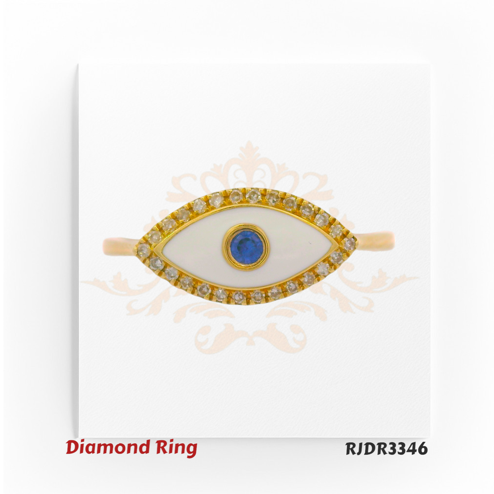Elegant 14kt gold ring in an Evil Eye motif, featuring white enamel, a vivid blue sapphire center, and a halo of glittering diamonds. Total weight 2.21 grams, diamonds 0.07 cts, sapphire 0.04 cts, size 6.75 – RJDR3346.