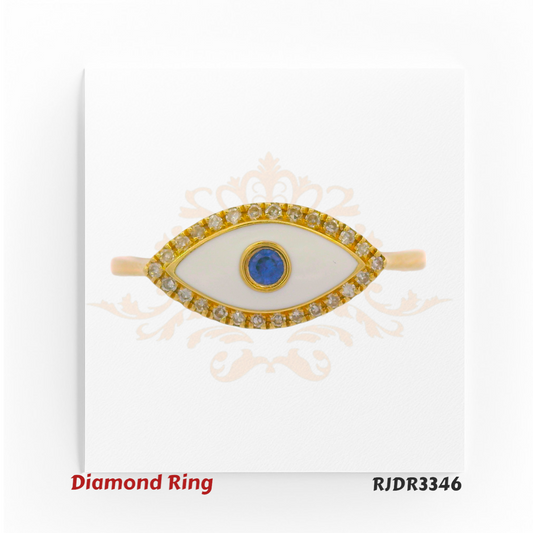 Elegant 14kt gold ring in an Evil Eye motif, featuring white enamel, a vivid blue sapphire center, and a halo of glittering diamonds. Total weight 2.21 grams, diamonds 0.07 cts, sapphire 0.04 cts, size 6.75 – RJDR3346.