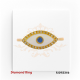 14kt gold Evil Eye ring with white enamel, featuring a central blue sapphire and surrounded by a halo of diamonds. Product code RJDR3346, weight 2.21 grams, diamonds 0.07 cts, sapphire 0.04 cts, size 6.75.