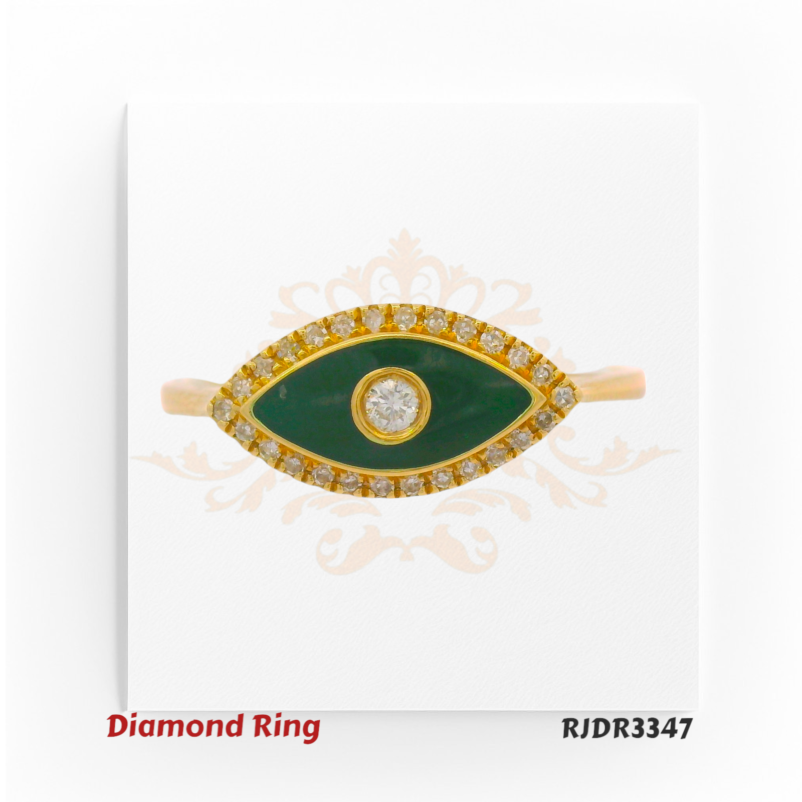 Elegant 14kt gold ring shaped like the evil eye, adorned with rich green enamel, a sparkling round brilliant center diamond, and a halo of white diamonds. Total weight 2.21 grams, diamond weight 1.10 cts, size 6.75 – RJDR3347.