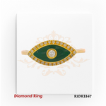 14kt gold diamond ring in an Evil Eye shape with rich green enamel, center round brilliant diamond, and a halo of white diamonds. Product code RJDR3347, weight 2.21 grams, diamond weight 1.10 cts, ring size 6.75.
