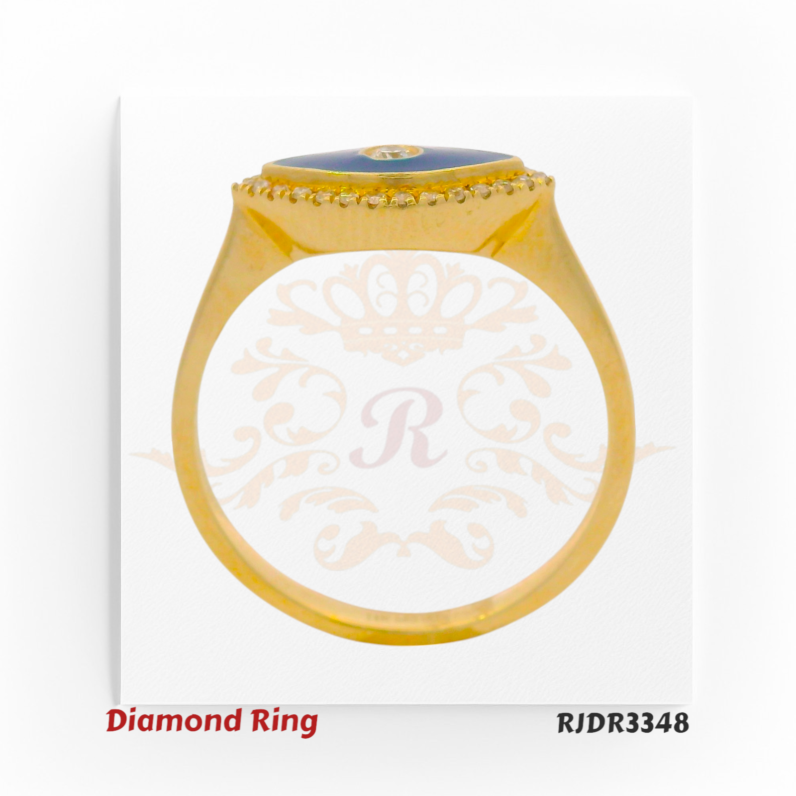 14kt gold diamond ring featuring an evil eye-inspired design with a central round brilliant diamond, surrounded by enamel and a halo of diamonds. Product code RJDR3348, total weight 2.21 grams, diamond weight 1.10 carats, size 6.75.