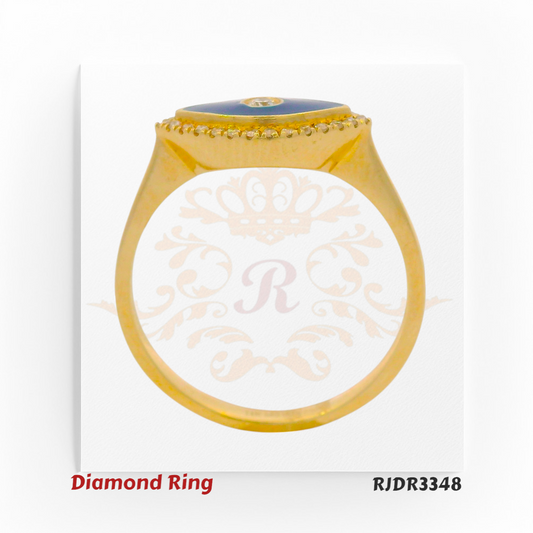 14kt gold diamond ring featuring an evil eye-inspired design with a central round brilliant diamond, surrounded by enamel and a halo of diamonds. Product code RJDR3348, total weight 2.21 grams, diamond weight 1.10 carats, size 6.75.