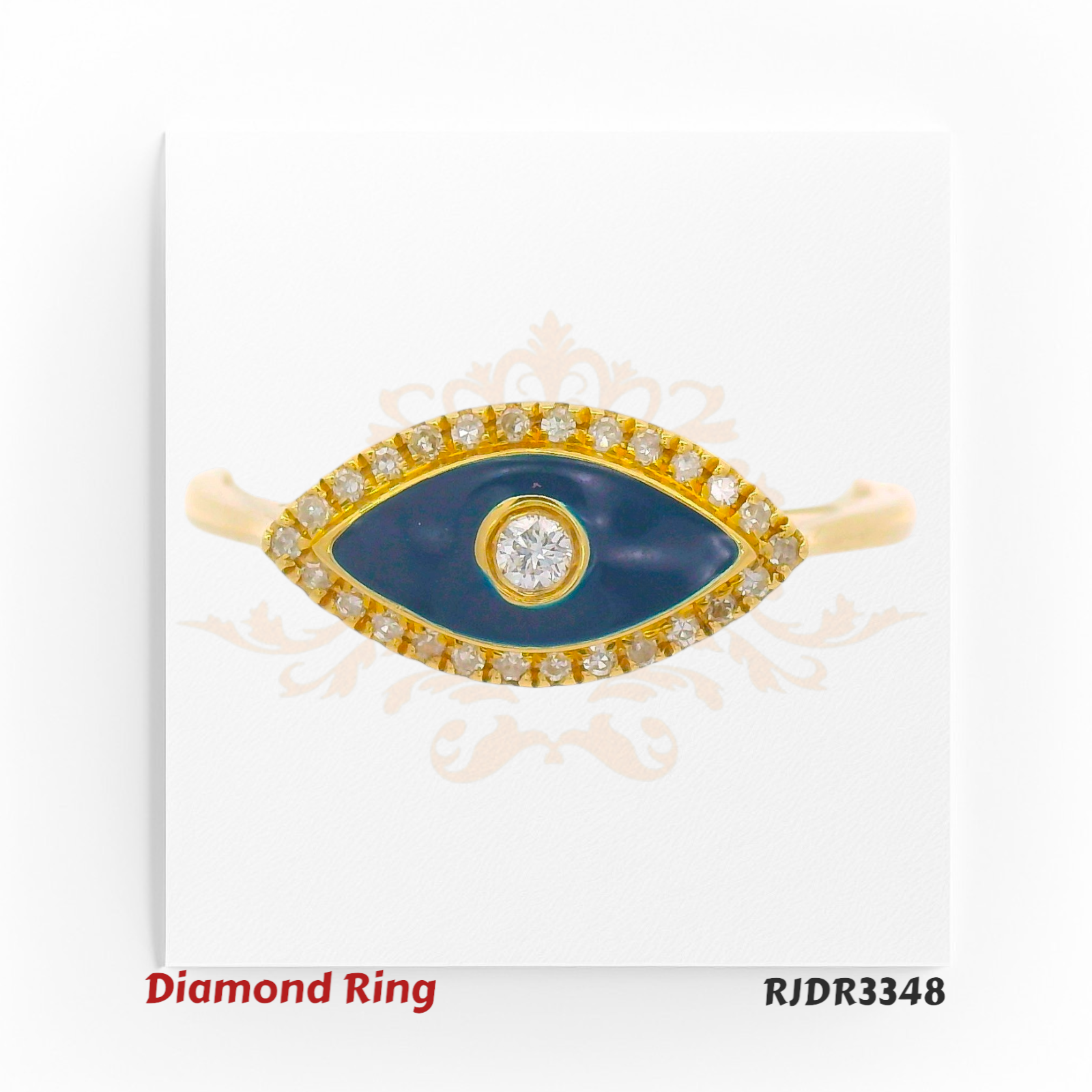 Striking 14kt gold ring inspired by the evil eye, featuring a central round brilliant diamond framed by enamel and a dazzling halo of diamonds. Total weight 2.21 grams, diamond weight 1.10 carats, size 6.75 – RJDR3348.