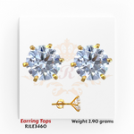 22kt gold earring tops featuring brilliant-cut round white stones in six-prong settings, product code RJLE3460, weight 2.90 grams.
