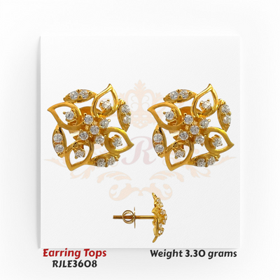 22kt gold floral earring tops with open petal design and white stone accents, product code RJLE3608, weight 3.30 grams.