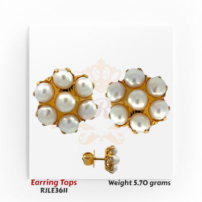 22kt gold earring tops with a floral cluster of white pearls, product code RJLE3611, weight 5.70 grams.