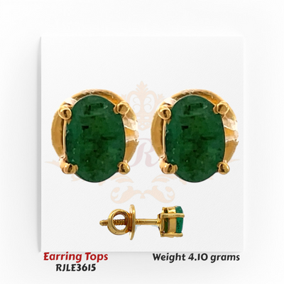22kt gold earring tops featuring oval-cut green gemstones in four-prong setting, product code RJLE3615, weight 4.10 grams.