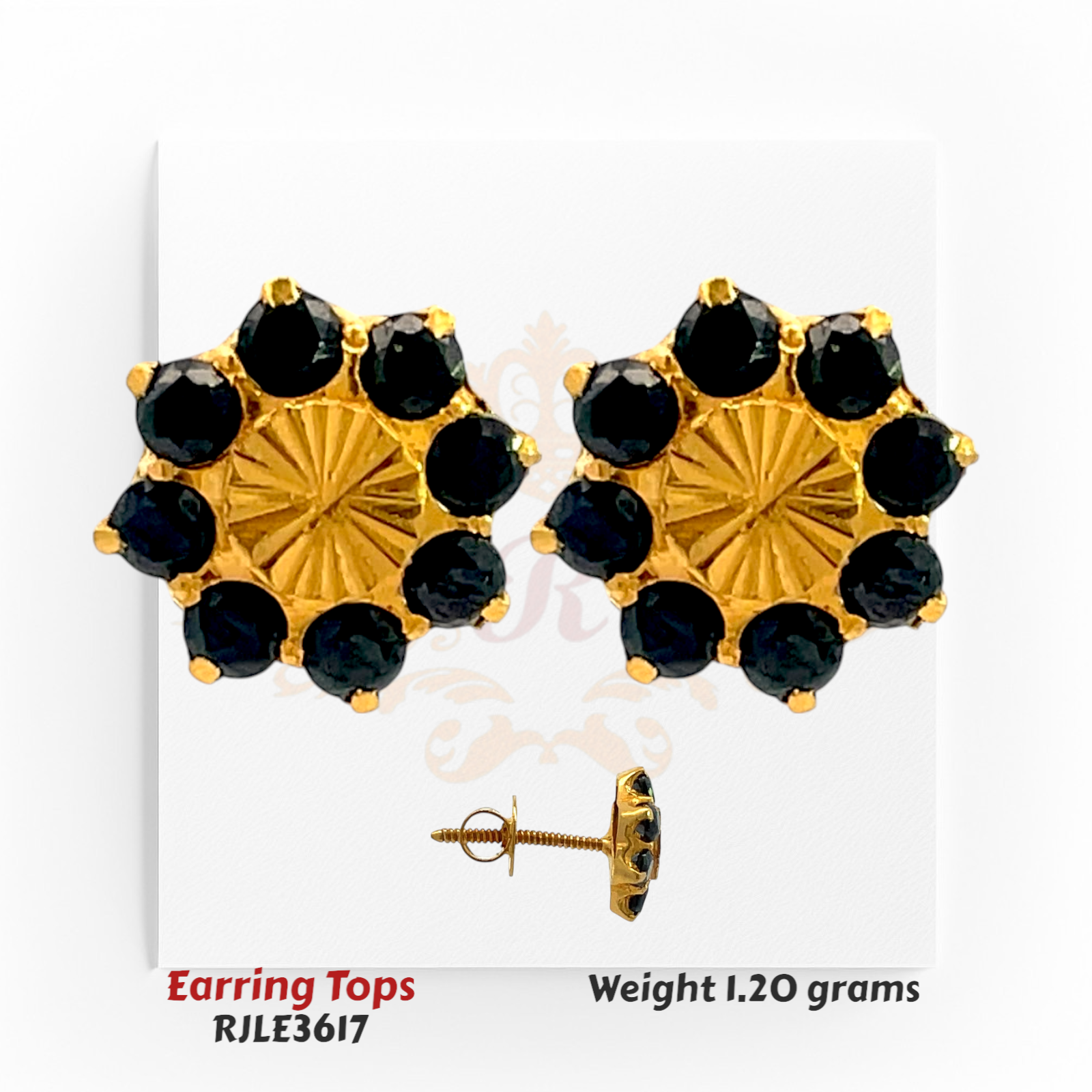 22kt gold earring tops with a sunburst center surrounded by black round gemstones, product code RJLE3617, weight 1.20 grams.
