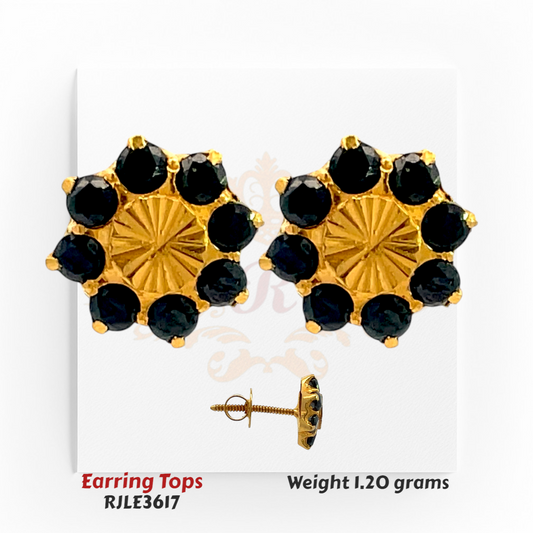22kt gold earring tops with a sunburst center surrounded by black round gemstones, product code RJLE3617, weight 1.20 grams.